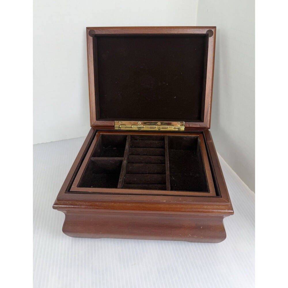 Vintage Wooden Jewelry Box 2 Tier Removable Tray Ring Storage Velvet Lined 7” - Picture 3 of 15